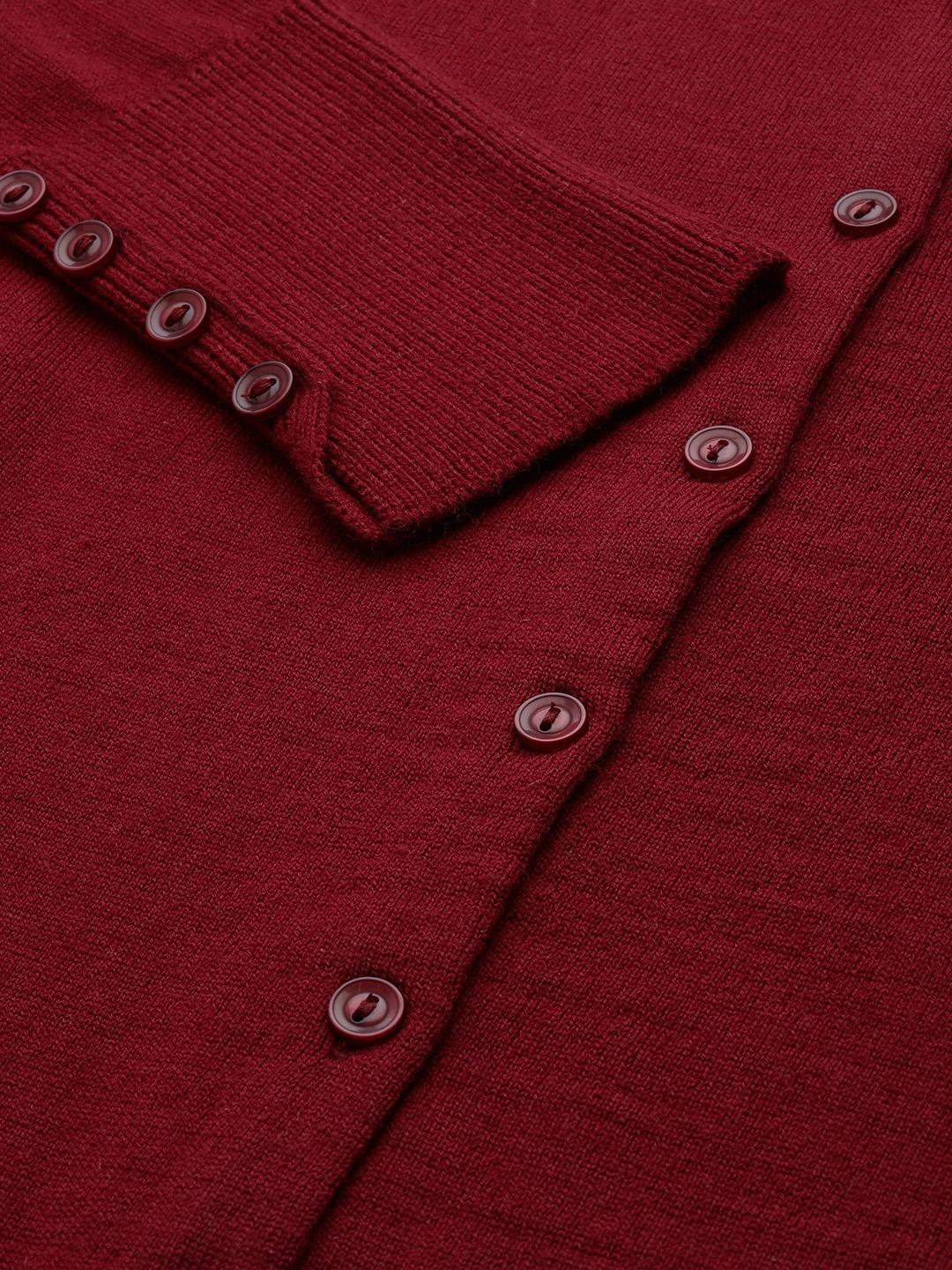 Women Maroon Round Neck Cardigan With Buttoned Sleeves