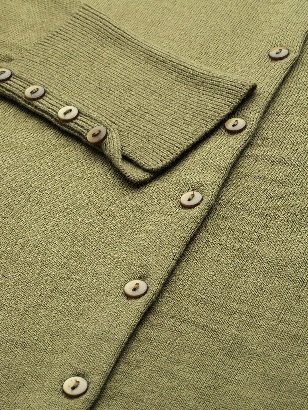 Women Pista Green Neck Cardigan With Buttoned Sleeves