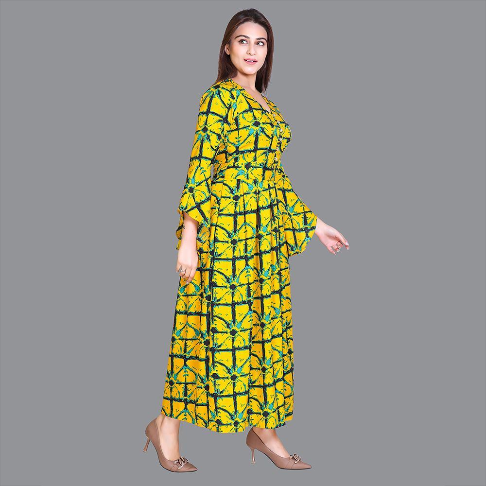 Women Satin Yellow Print Western Dress