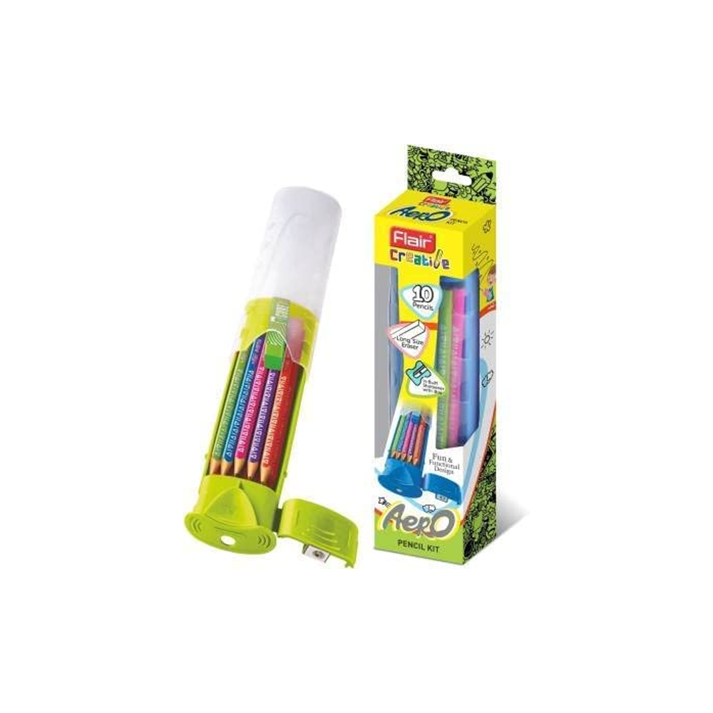 FLAIR Creative Series Aero Pencil Smart Kit | Colourful 2B Lead Pencils | Fun & Functional Box | Stationery Kit Ideal For Gifting | Set Of 10 Wooden Pencils, 1 Eraser & 1 In-Built Sharpener.