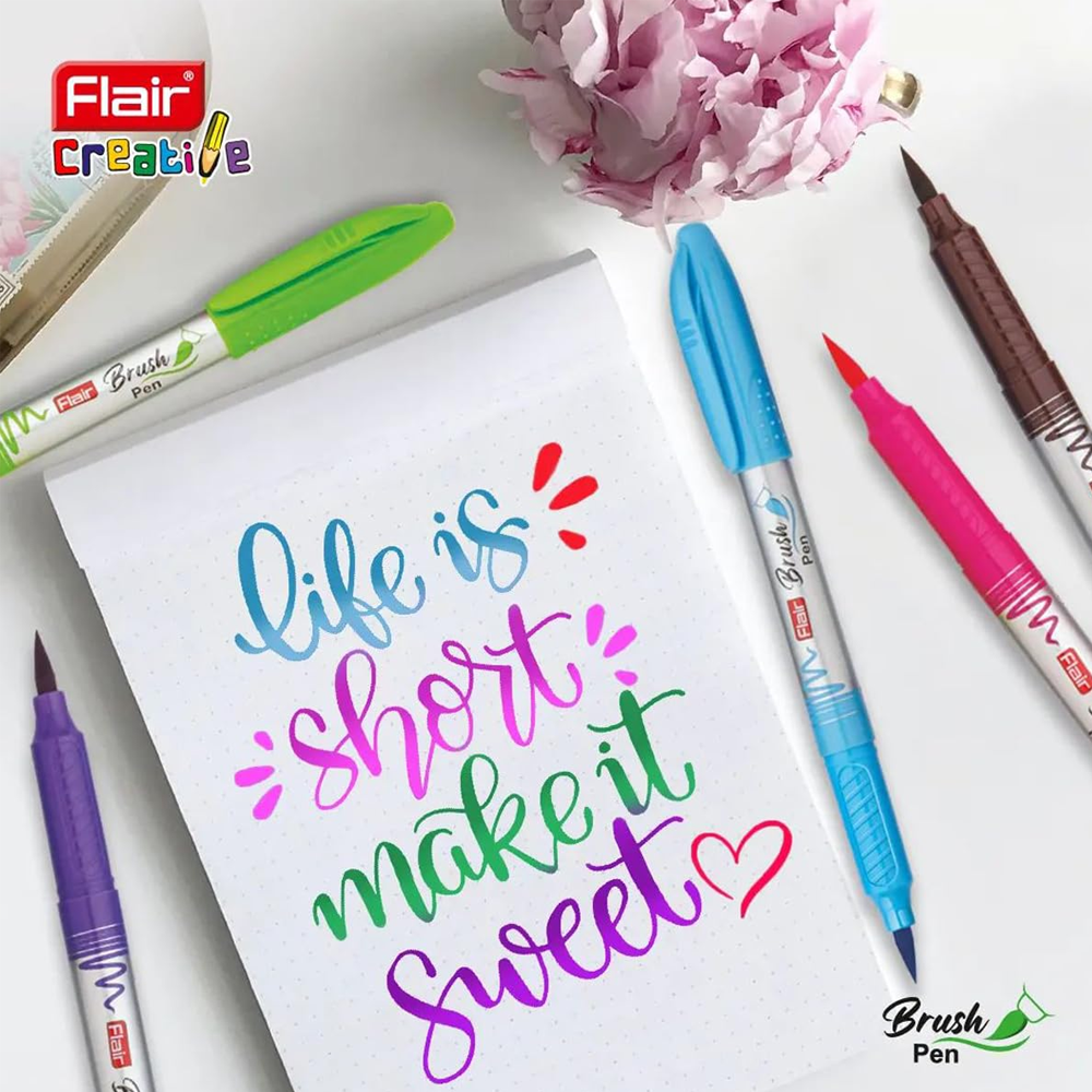 FLAIR Creative Brush Pen With Flexible Tip | Watecolour Effect & Smudge Free Writing | Non-Toxic & Safe For Childrens | A Great Tool For Lettering & Calligraphy | Set of 12 Bright Shades