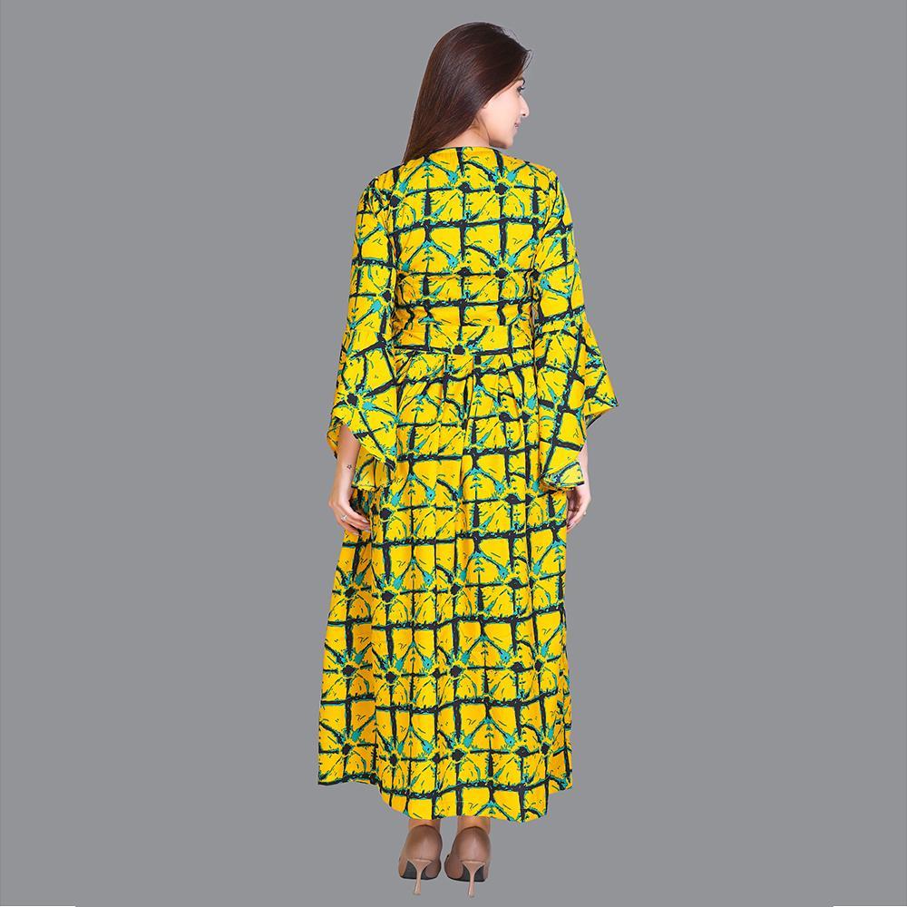 Women Satin Yellow Print Western Dress