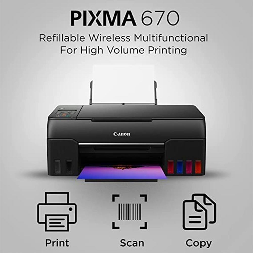 Canon PIXMA G670 6 Colour, Print,Scan,Copy, High Volume Printing photo Printer, User Replaceable Print Heads & Maintainence Cartridge