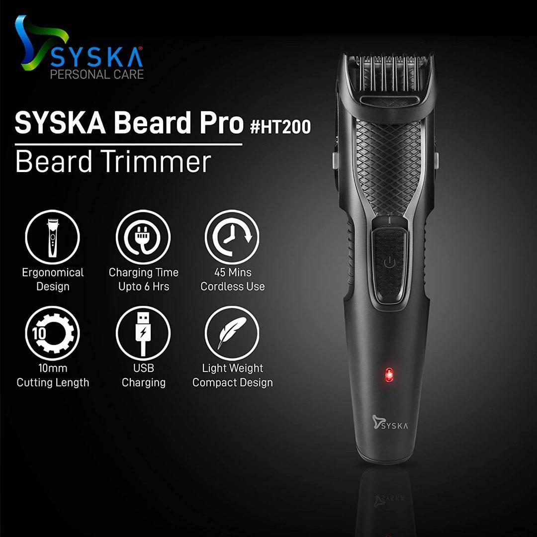 Syska HT200 PRO BeardPro Cordless Rechargeable Trimmer - 10 Length Settings; 45 min Runtime (Black)