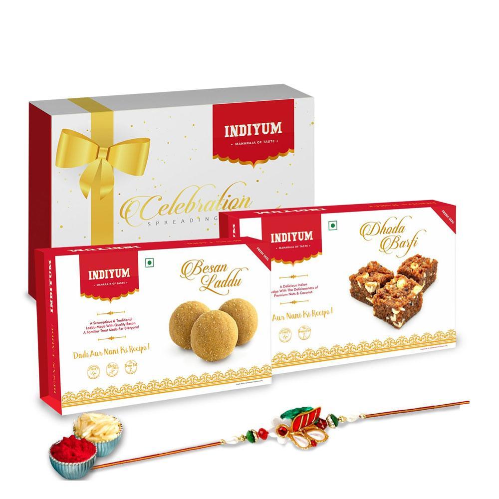 Indiyum Rakhi Sweet Combo Gift Pack For Brother Sister Bhaiya Didi Bhai Bhen - Dhoda Barfi 200g Besan Laddu 200g Rakhi Roli Chawal