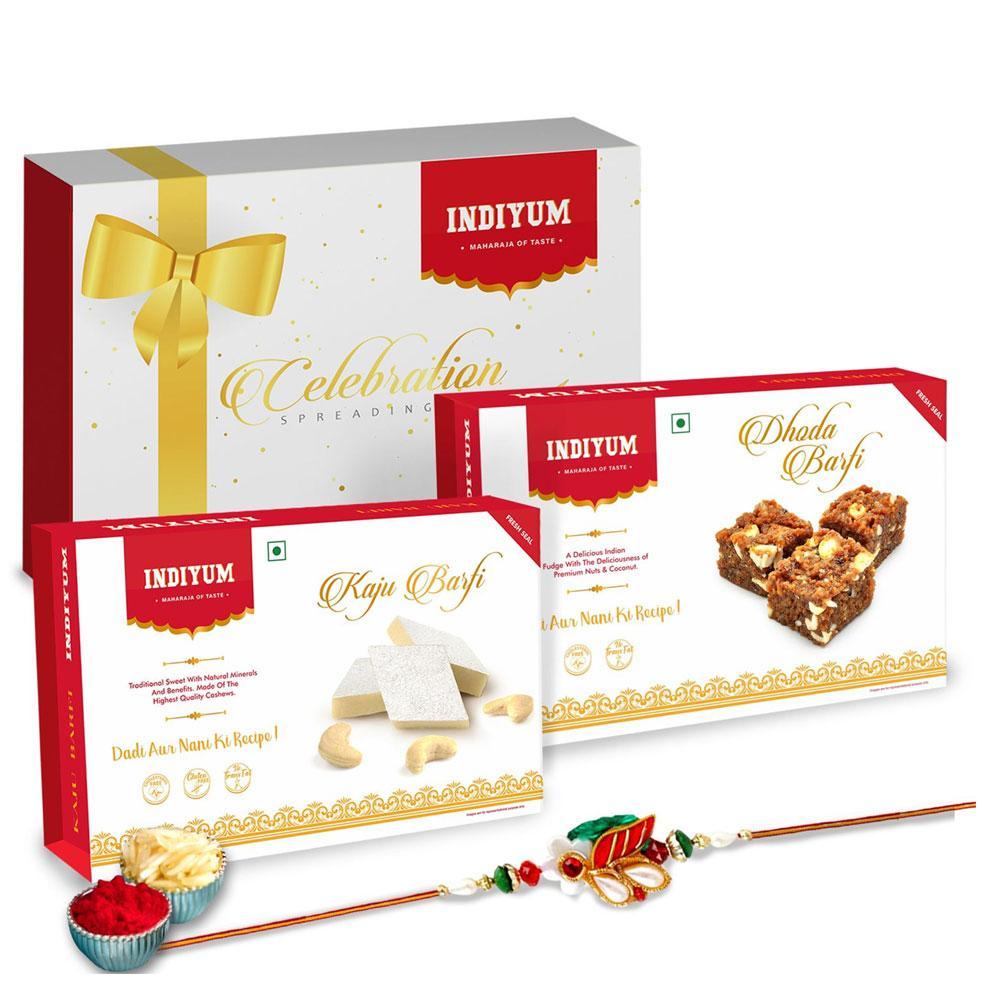 Indiyum Rakhi Sweet Combo Gift Pack For Brother Sister Bhaiya Didi Bhai Bhen - Dhoda Barfi 200g Kaju Barfi 200g Rakhi Roli Chawal