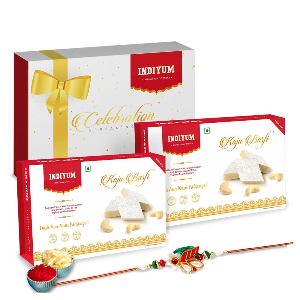 Indiyum Rakhi Sweet Combo Gift Pack For Brother Sister Bhaiya Didi Bhai Bhen - Kaju barfi 400g (200g x 2) Rakhi Roli Chawal