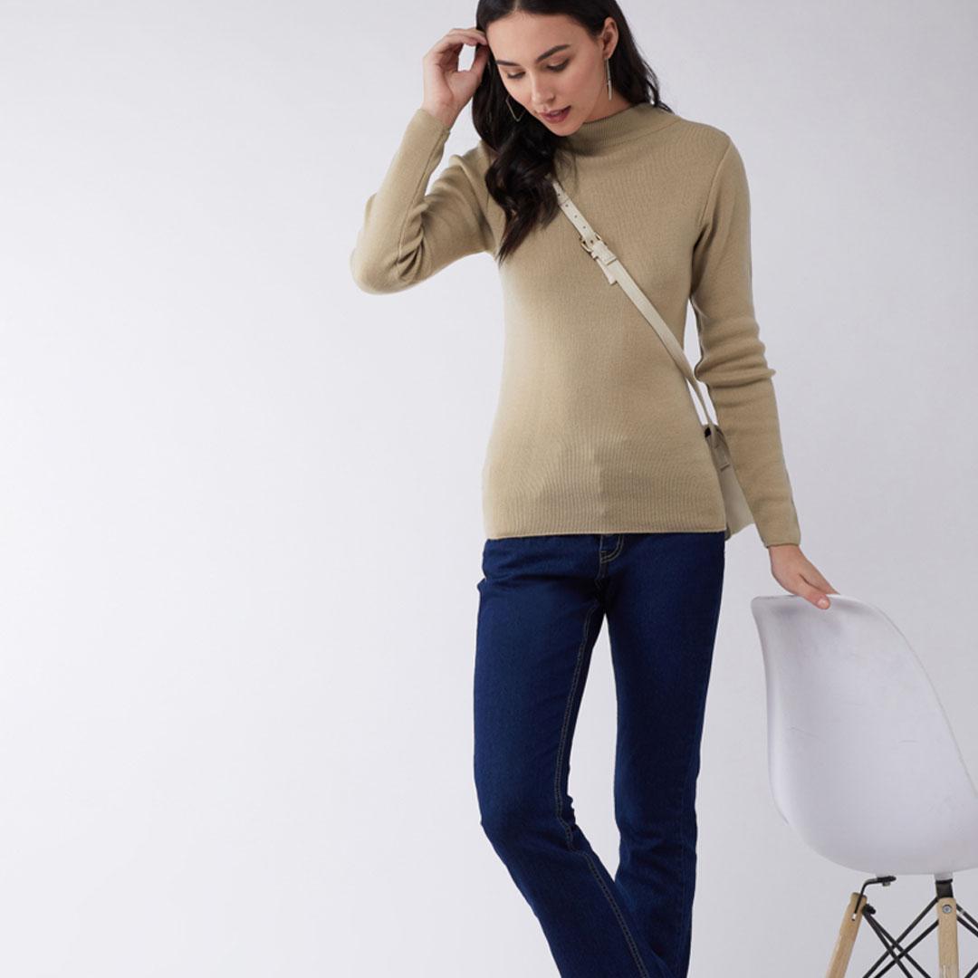 Beige Solid Pullover