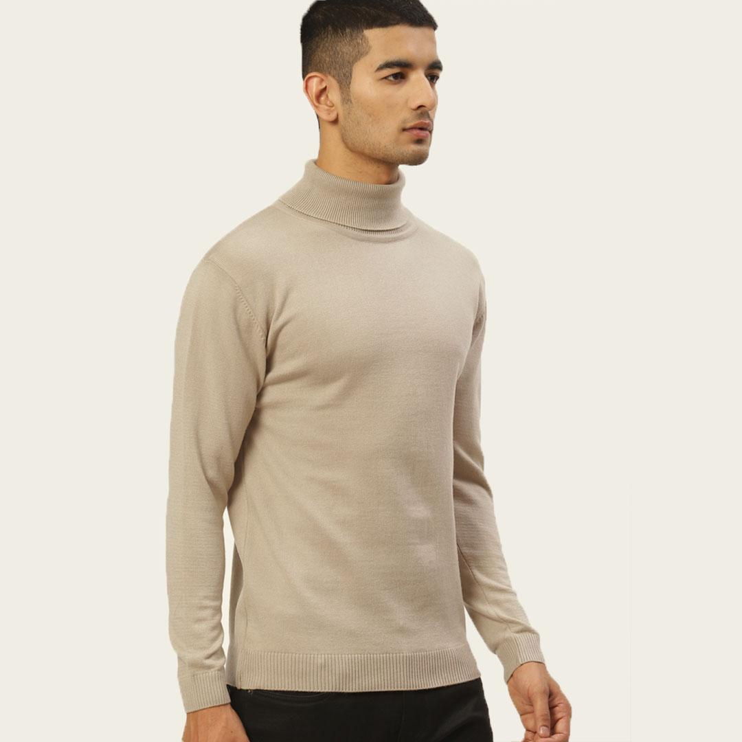 Beige High Neck Solid Pullover