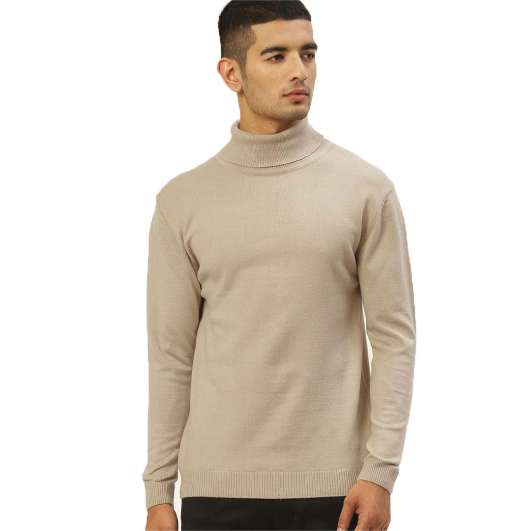 Beige High Neck Solid Pullover