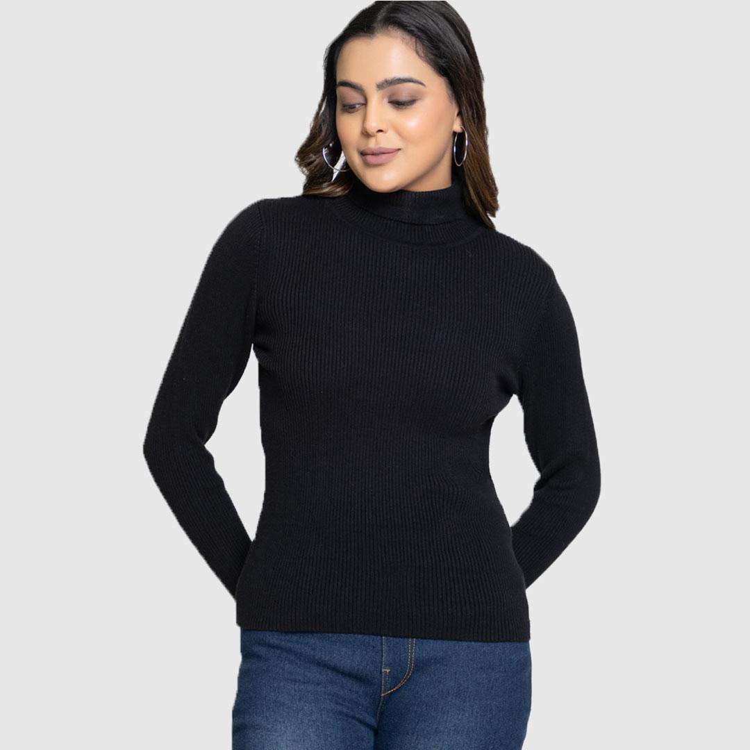 Black Women Solid Cotton Sweater