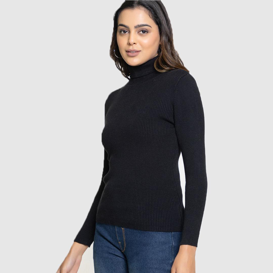 Black Women Solid Cotton Sweater