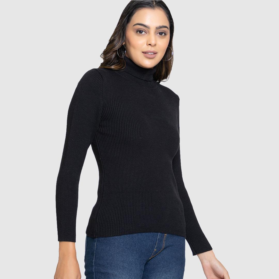 Black Women Solid Cotton Sweater
