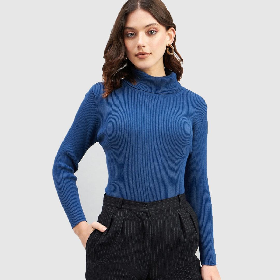 Blue Ribbed Turtle Neck Cotton Pullover sweater