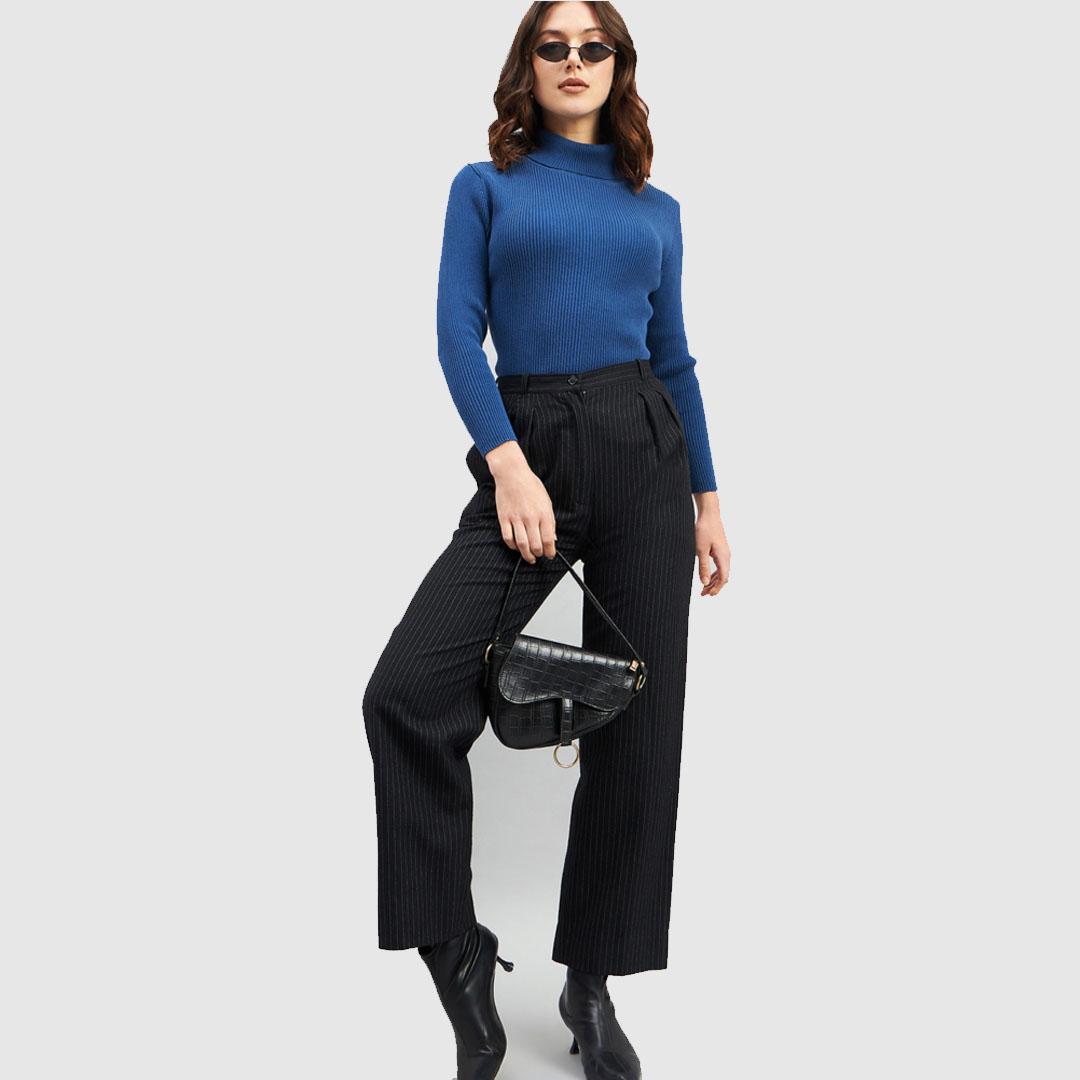 Blue Ribbed Turtle Neck Cotton Pullover sweater
