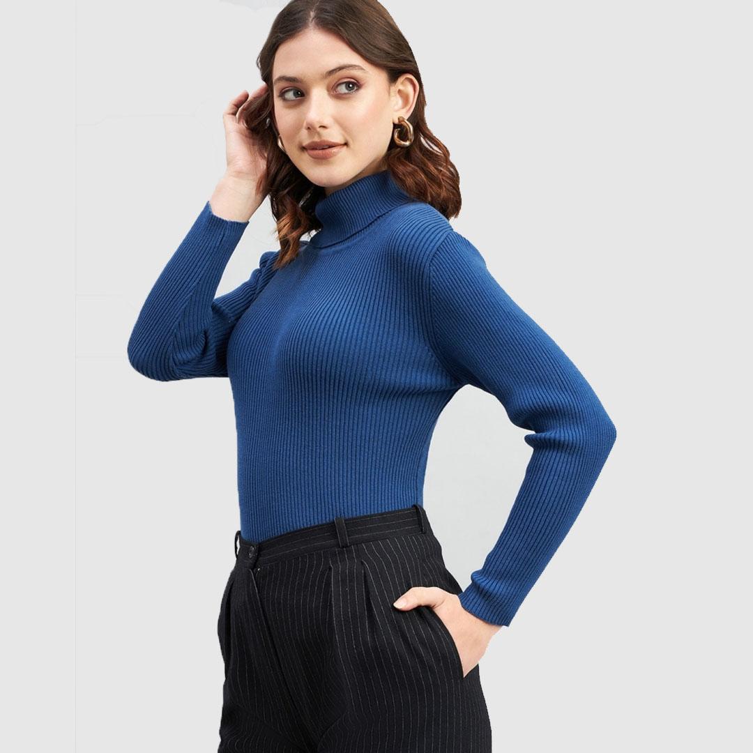 Blue Ribbed Turtle Neck Cotton Pullover sweater