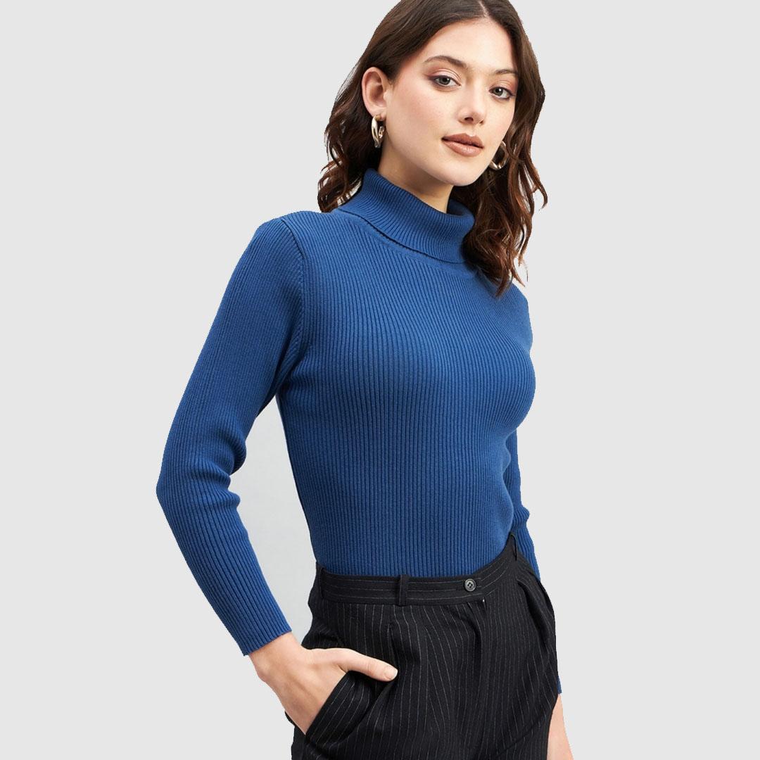 Blue Ribbed Turtle Neck Cotton Pullover sweater