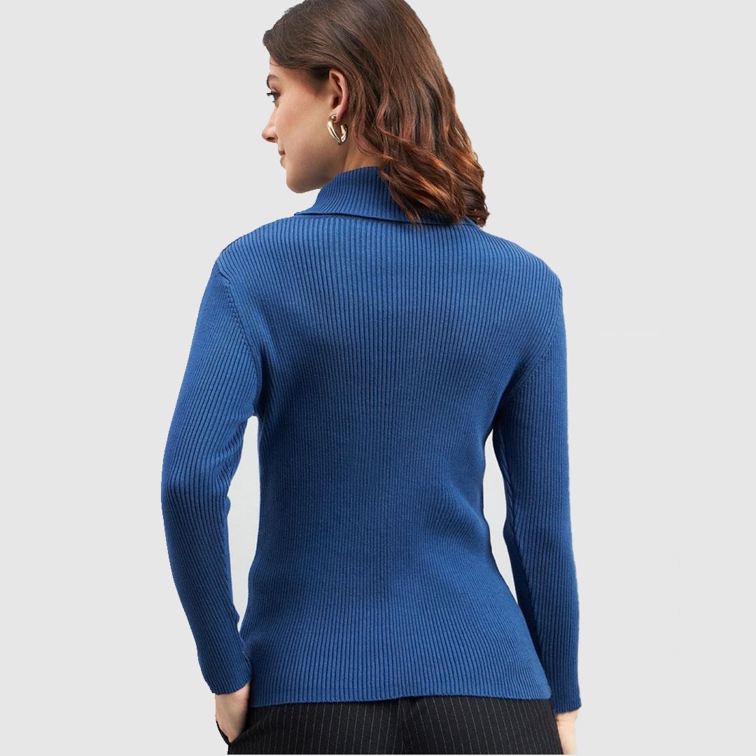 Blue Ribbed Turtle Neck Cotton Pullover sweater