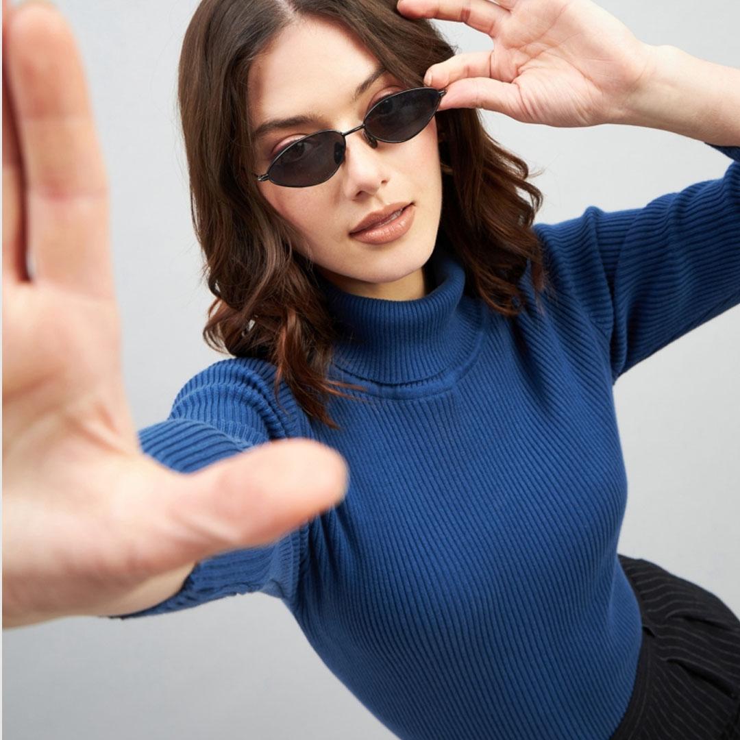 Blue Ribbed Turtle Neck Cotton Pullover sweater