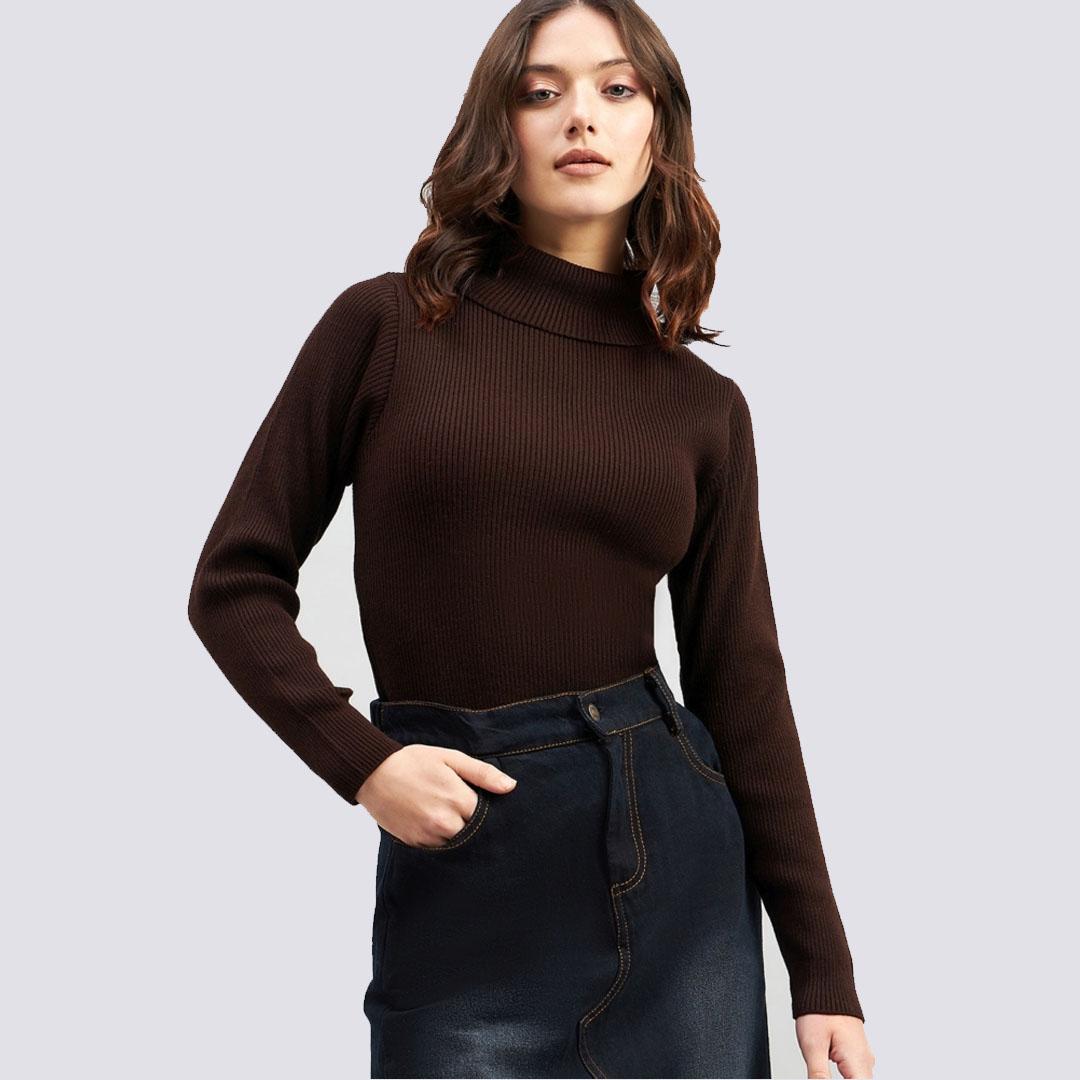 Brown Ribbed Acrylic Pullover Sweater