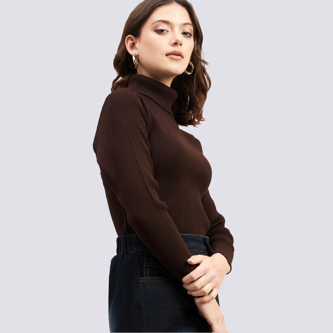 Brown Ribbed Acrylic Pullover Sweater