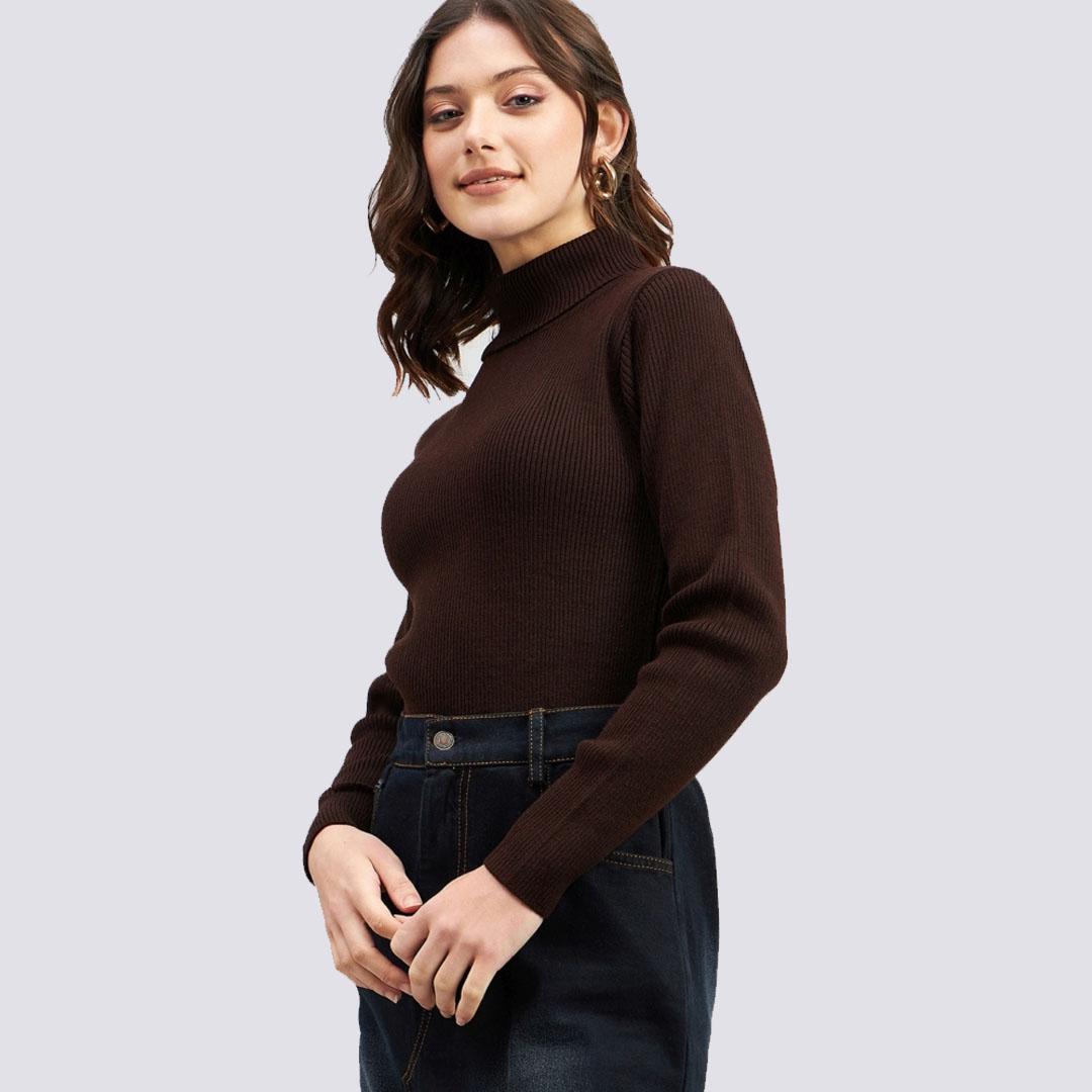 Brown Ribbed Acrylic Pullover Sweater