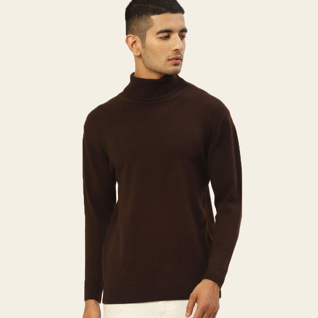 Brown High Neck Solid Pullover