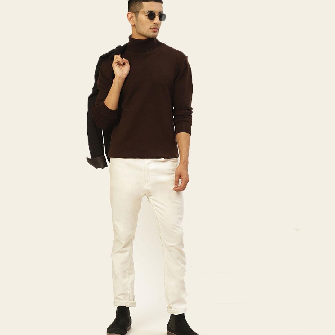 Brown High Neck Solid Pullover