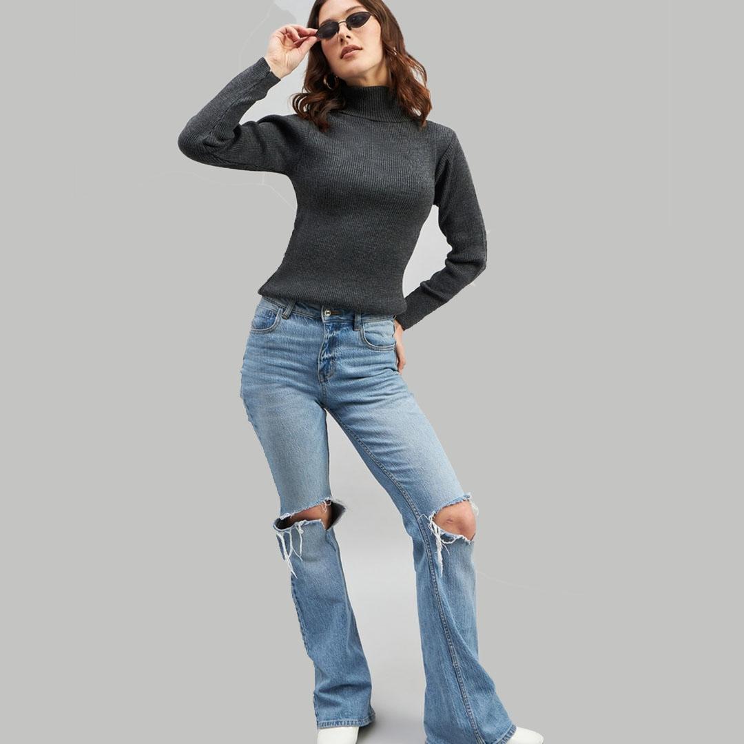 Charcoal Ribbed Acrylic Pullover Sweater