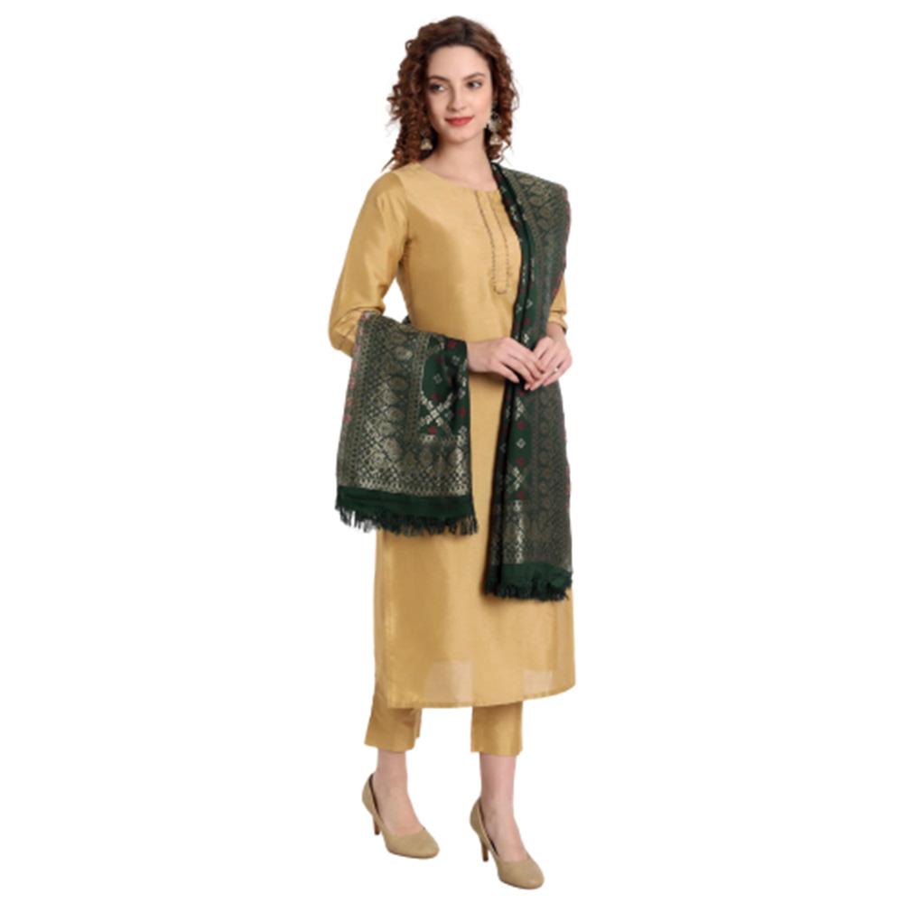 Hemkunt Fabrics viscose/zari / Cotton Blend jacquard Green Women Dupatta