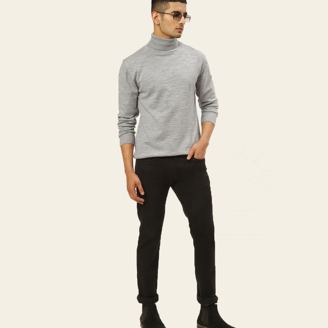 Grey Melange High Neck Solid Pullover