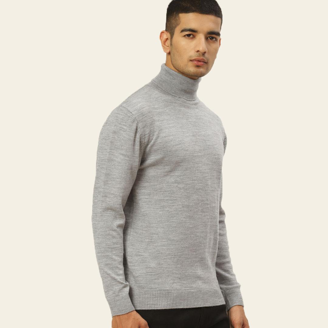 Grey Melange High Neck Solid Pullover