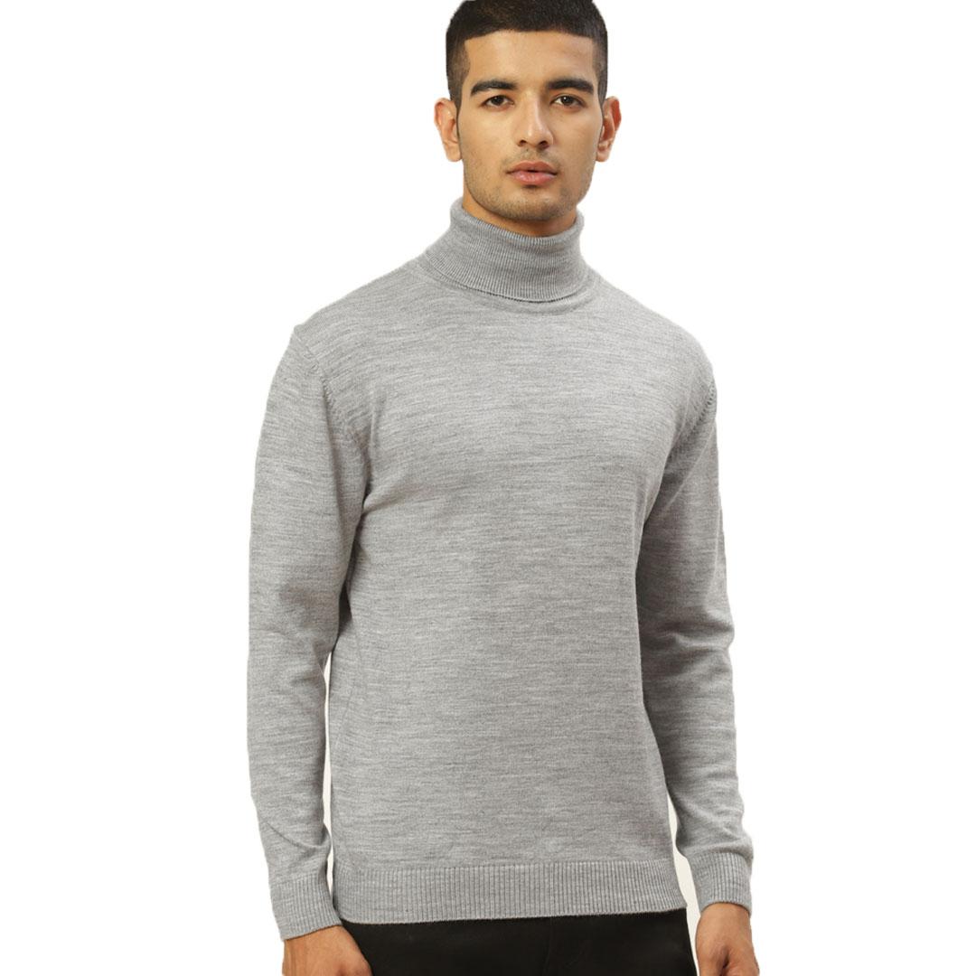 Grey Melange High Neck Solid Pullover