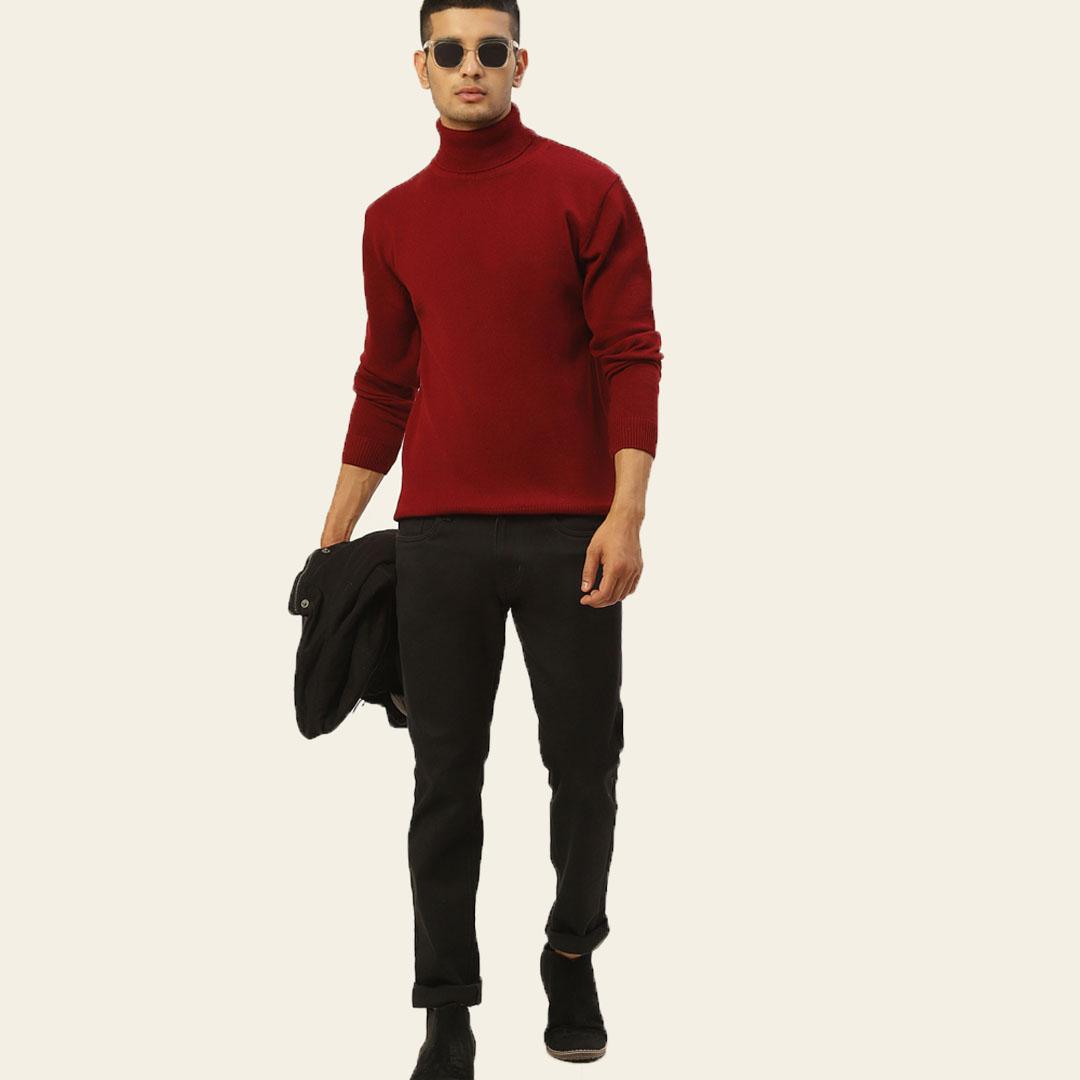 Maroon High Neck Solid Pullover