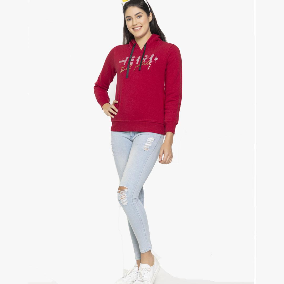 FEMEA Women Maroon Printed Hooded Sweatshirt