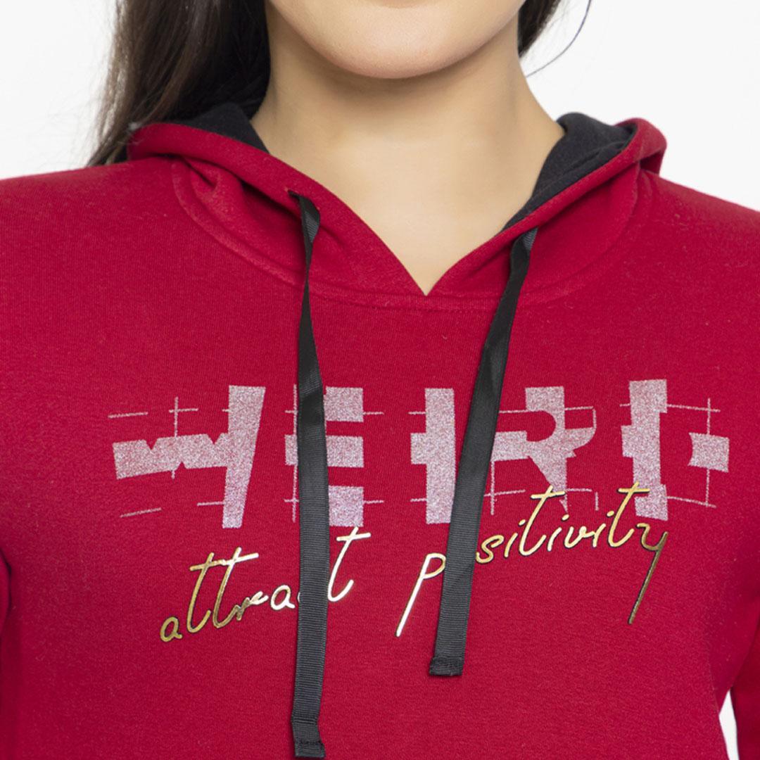 FEMEA Women Maroon Printed Hooded Sweatshirt