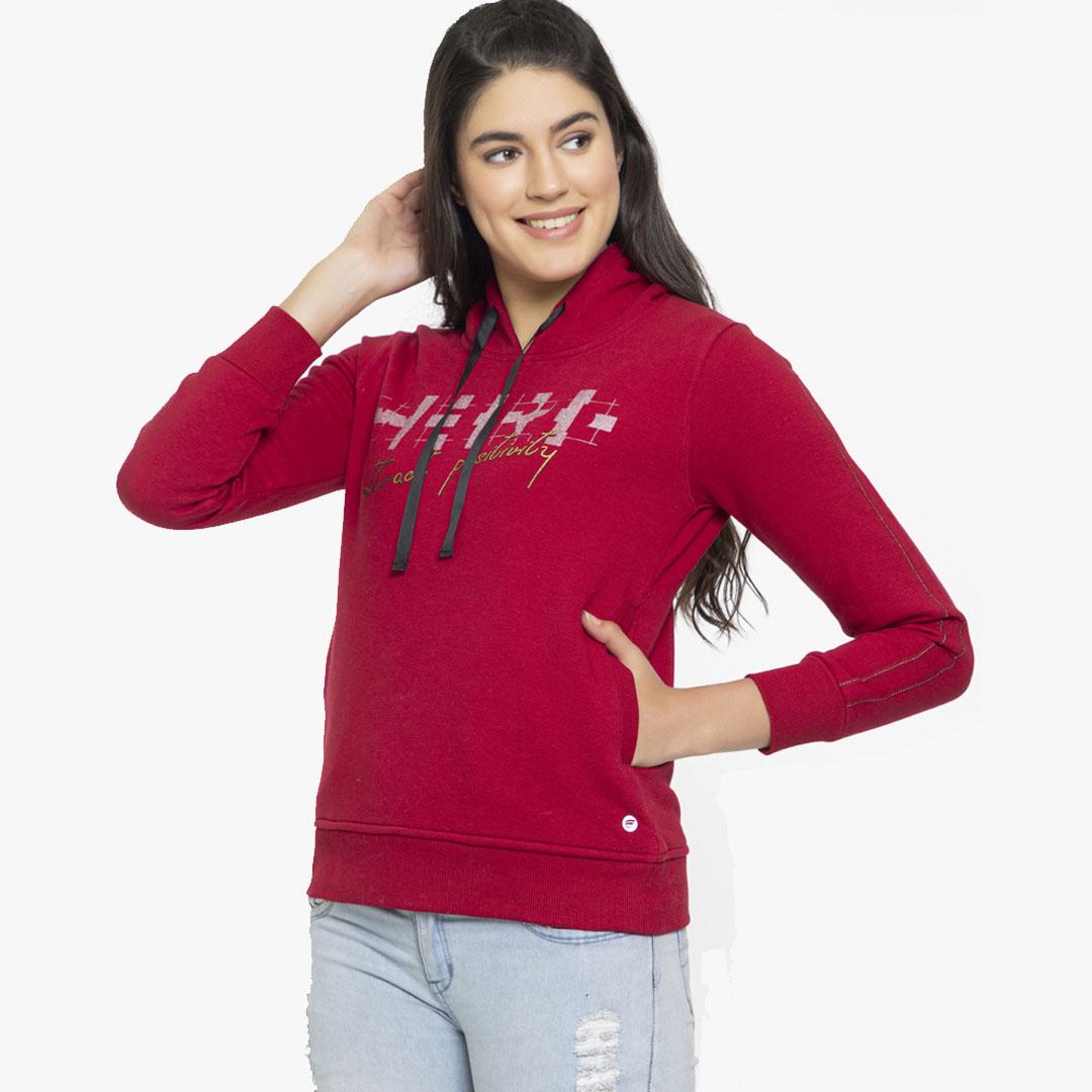 FEMEA Women Maroon Printed Hooded Sweatshirt