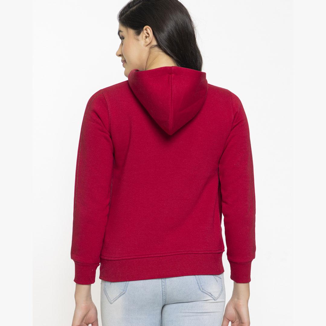 FEMEA Women Maroon Printed Hooded Sweatshirt