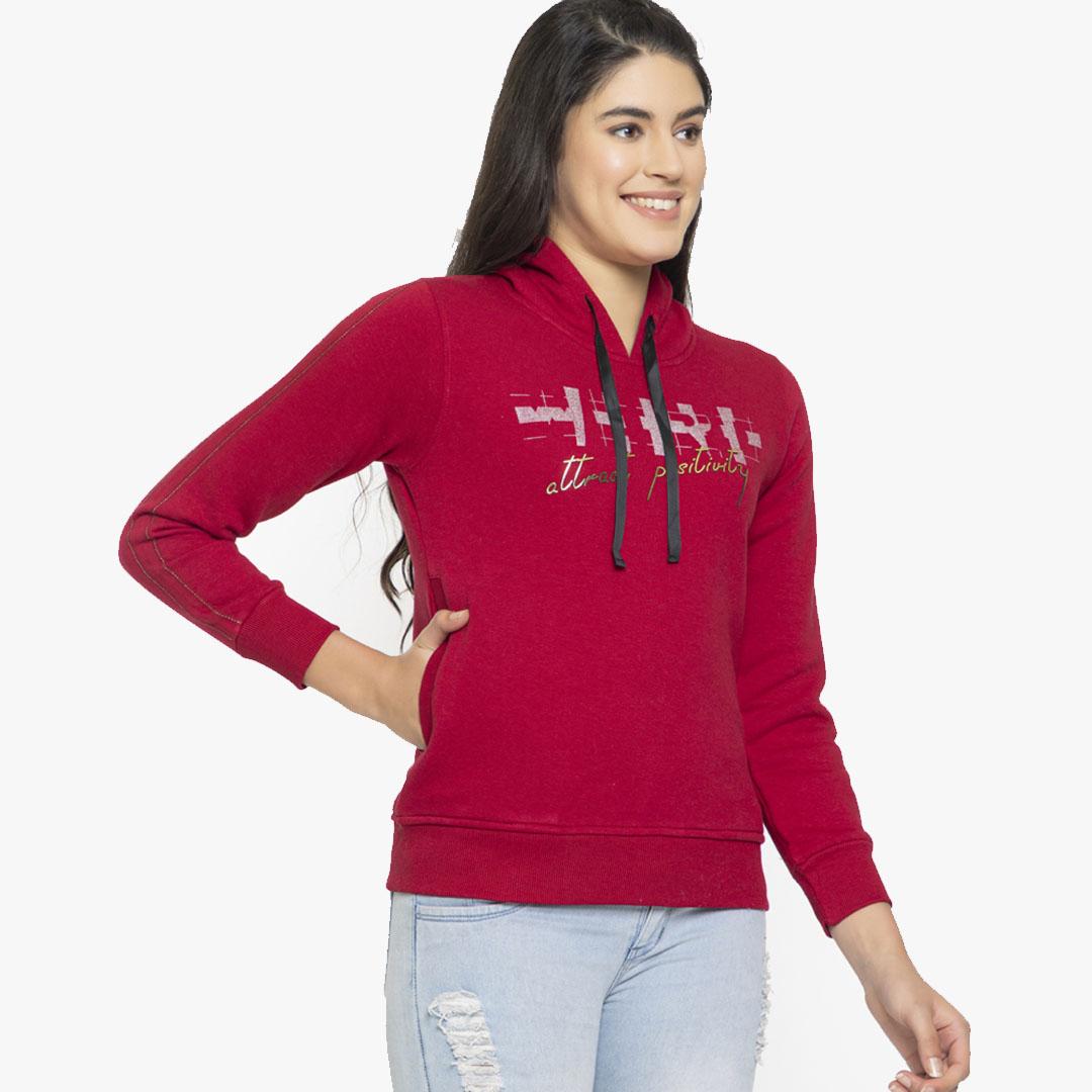 FEMEA Women Maroon Printed Hooded Sweatshirt