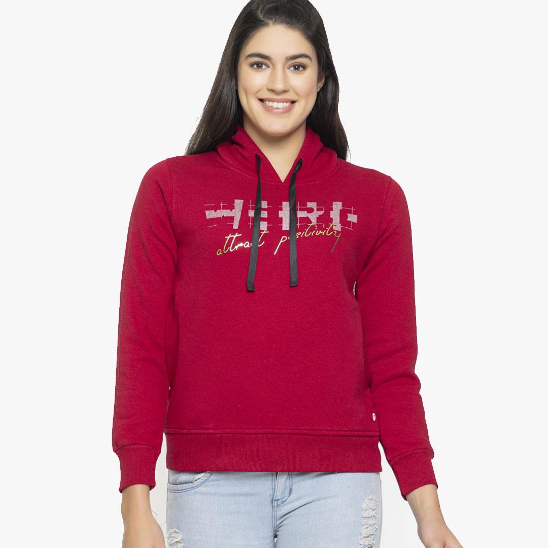 FEMEA Women Maroon Printed Hooded Sweatshirt
