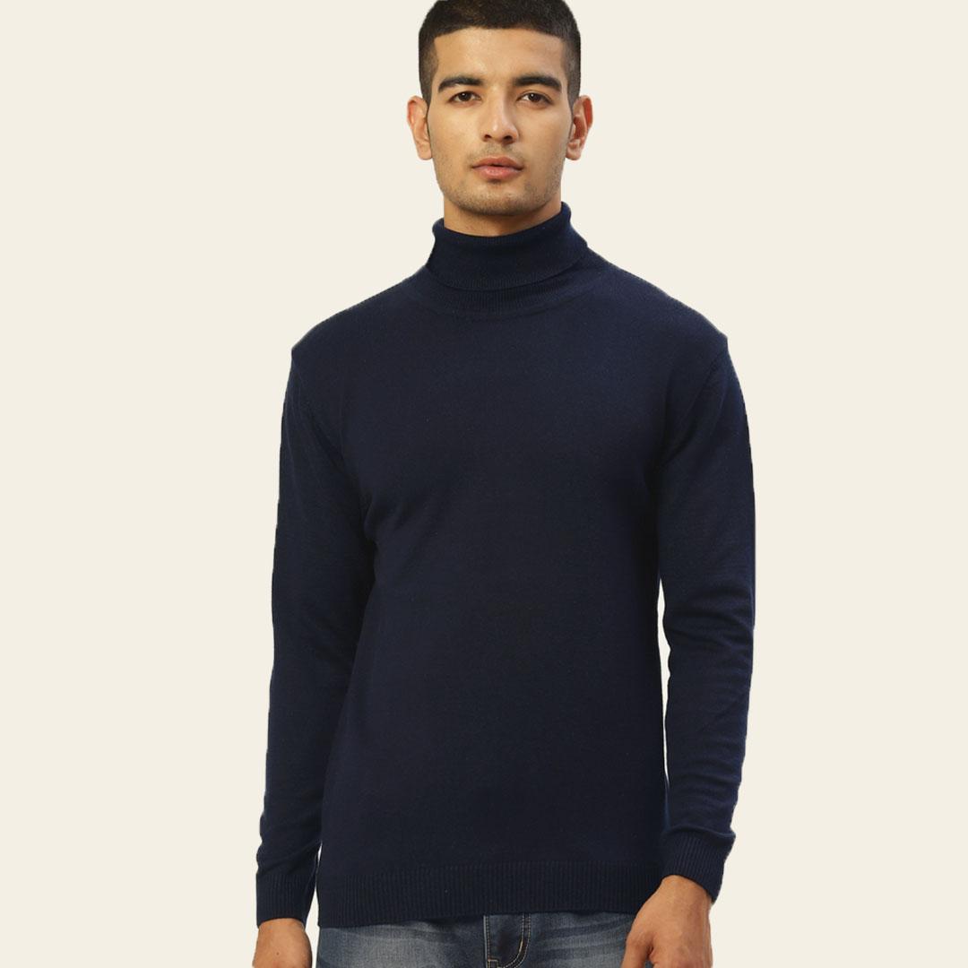 Navy Blue High Neck Solid Pullover
