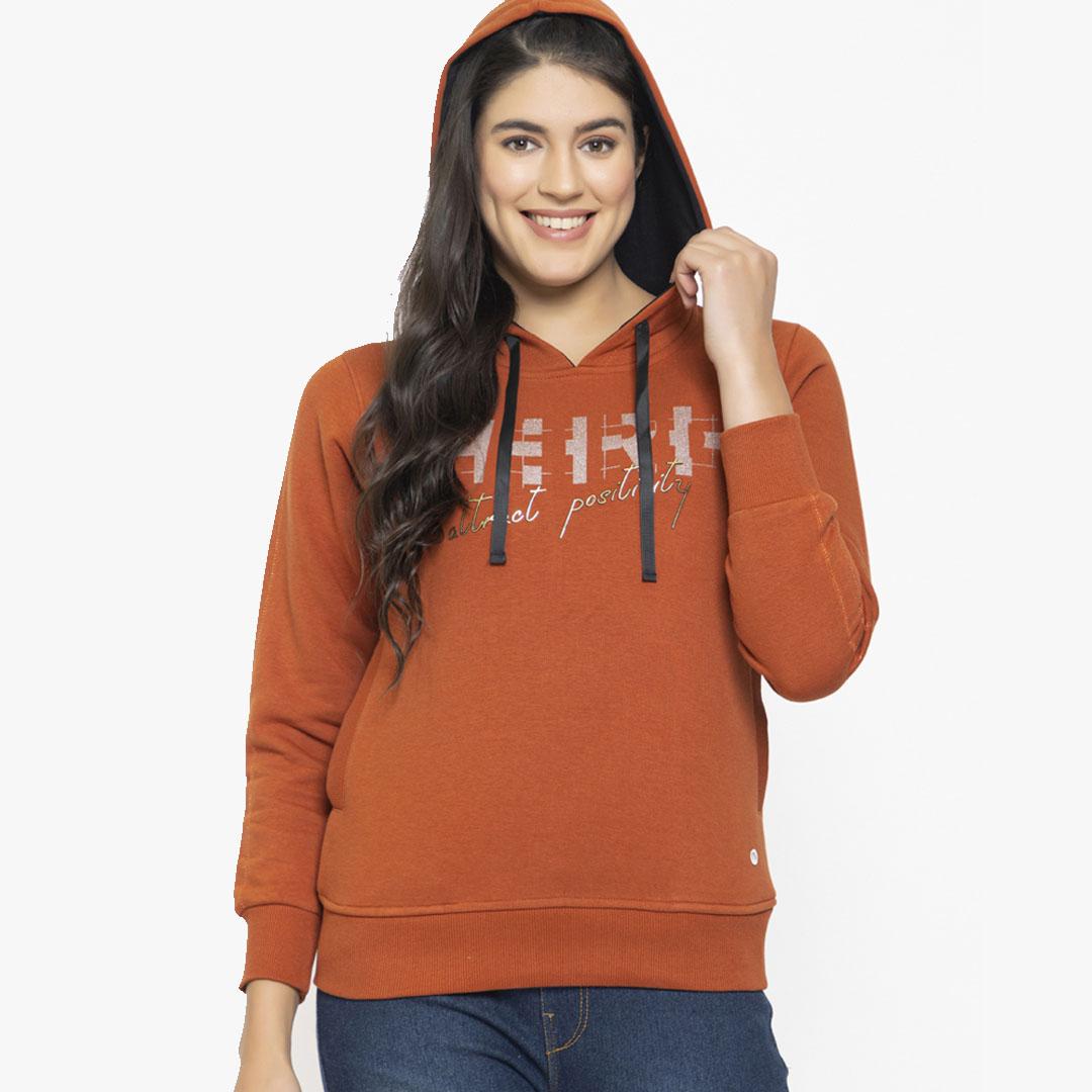 FEMEA Women Mustard Hooded Sweatshirt