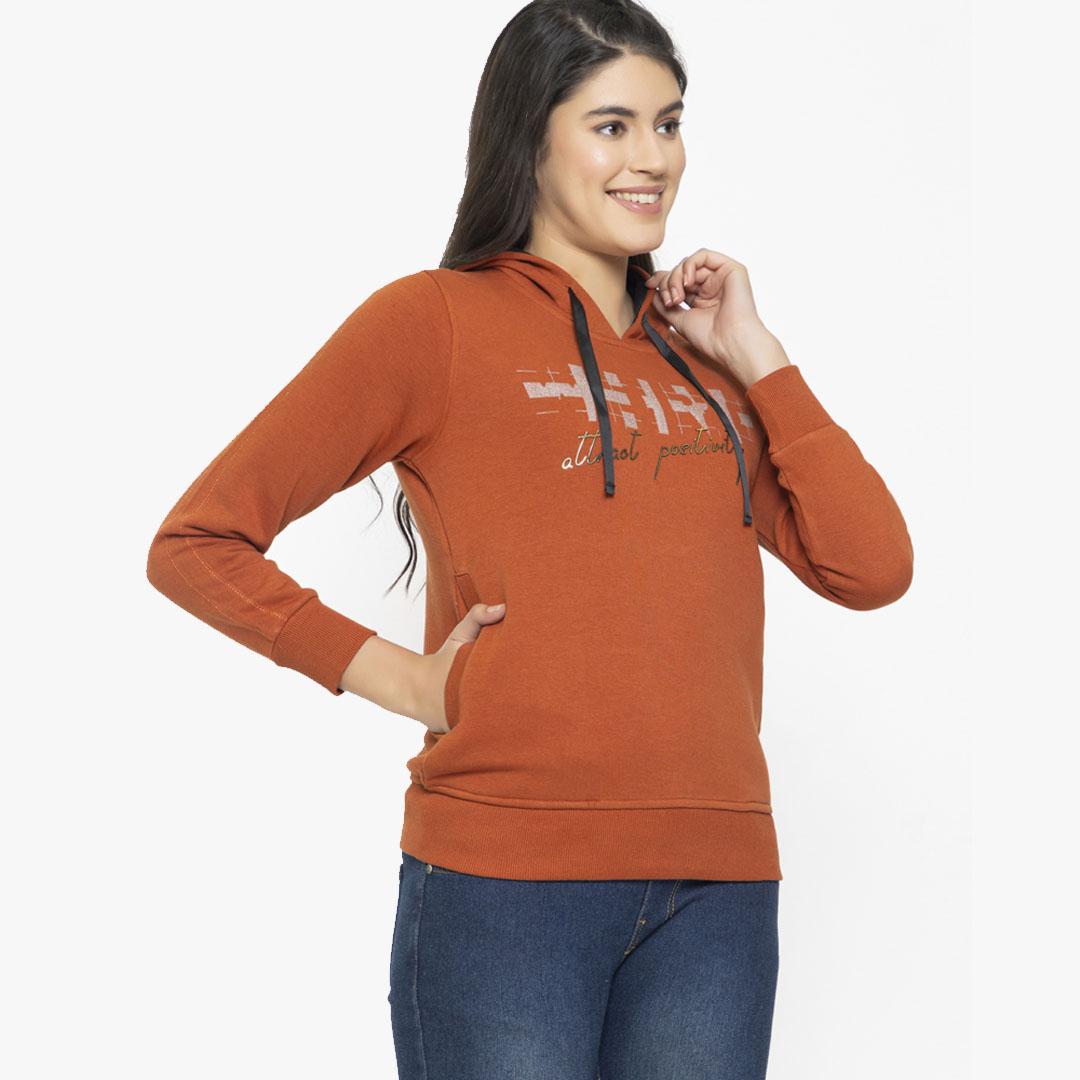 FEMEA Women Mustard Hooded Sweatshirt