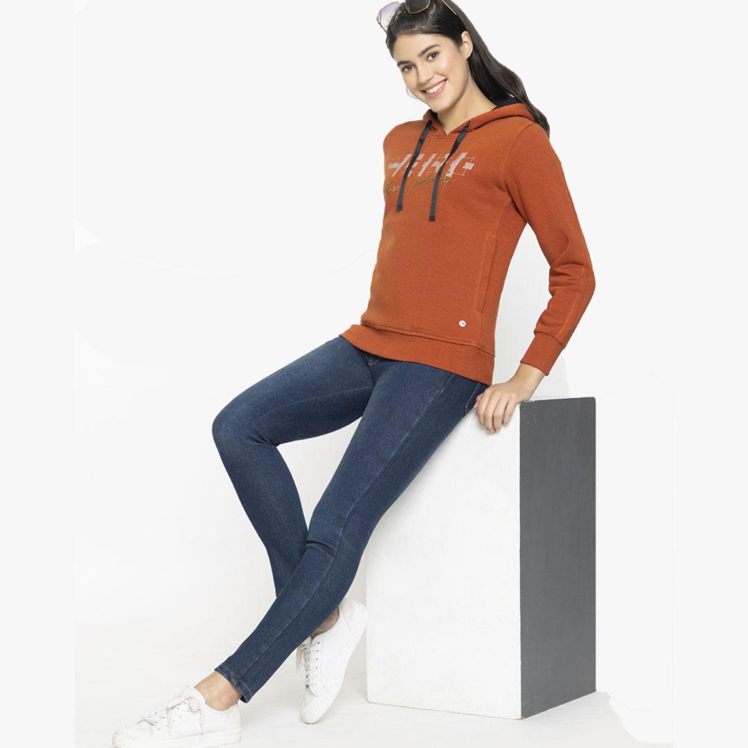 FEMEA Women Mustard Hooded Sweatshirt