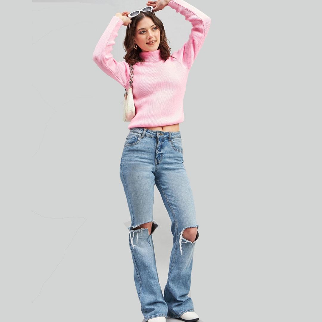 Baby Pink Ribbed Acrylic Pullover Sweater