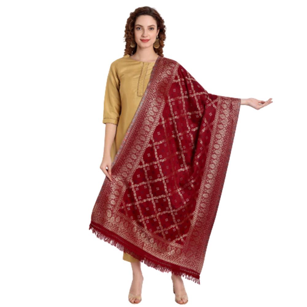 Hemkunt Fabrics viscose/zari / Cotton Blend Maroon jacquard  Women Dupatta