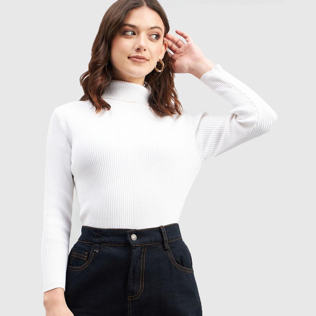 White Ribbed Turtle Neck Cotton Pullover sweater