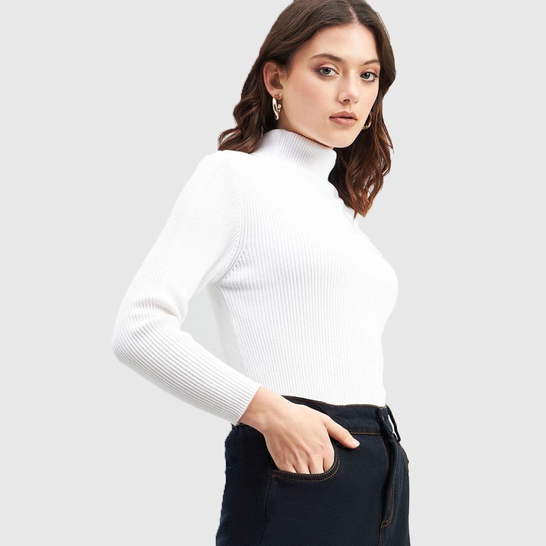 White Ribbed Turtle Neck Cotton Pullover sweater